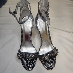 Guess Black and Silver Floral Stilettos 8.5M, 4 Inch